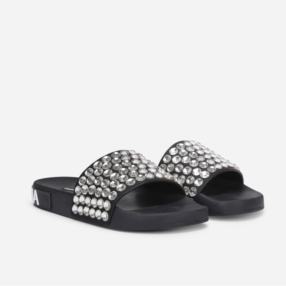 Black Glam Rhinestone Embellished Dolce & Gabbana Beach Slipper Slides Sz 37